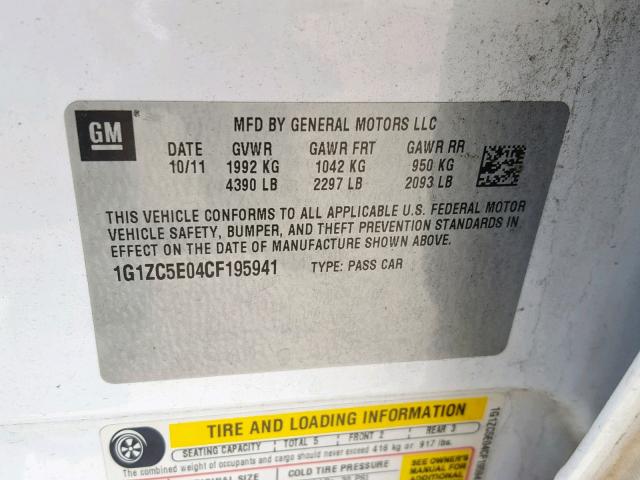 1G1ZC5E04CF195941 - 2012 CHEVROLET MALIBU 1LT WHITE photo 10