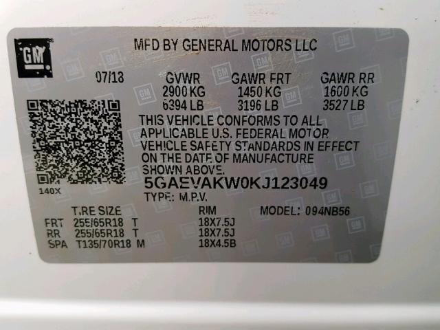 5GAEVAKW0KJ123049 - 2019 BUICK ENCLAVE ES 白色 照片 10