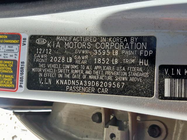 KNADN5A39D6209567 - 2013 KIA RIO EX SILVER photo 10