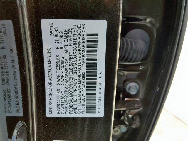 1HGCV1F14JA200803 - 2018 HONDA ACCORD LX GRAY photo 10