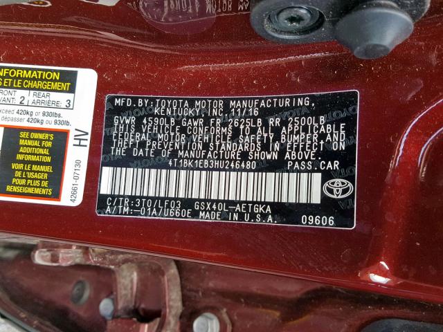 4T1BK1EB3HU246480 - 2017 TOYOTA AVALON XLE BURGUNDY photo 10