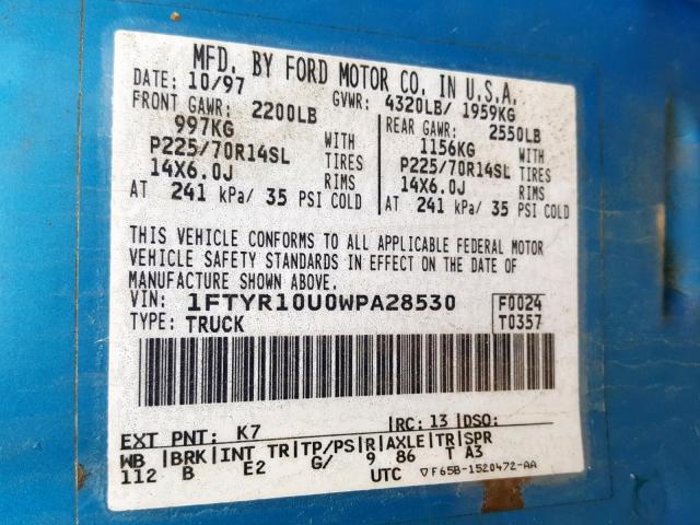 1FTYR10U0WPA28530 - 1998 FORD RANGER BLUE photo 10