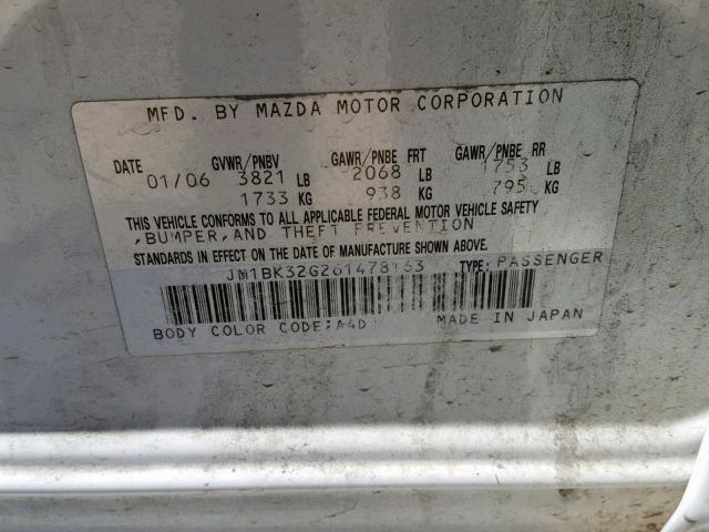 JM1BK32G261478163 - 2006 MAZDA 3 I WHITE photo 10