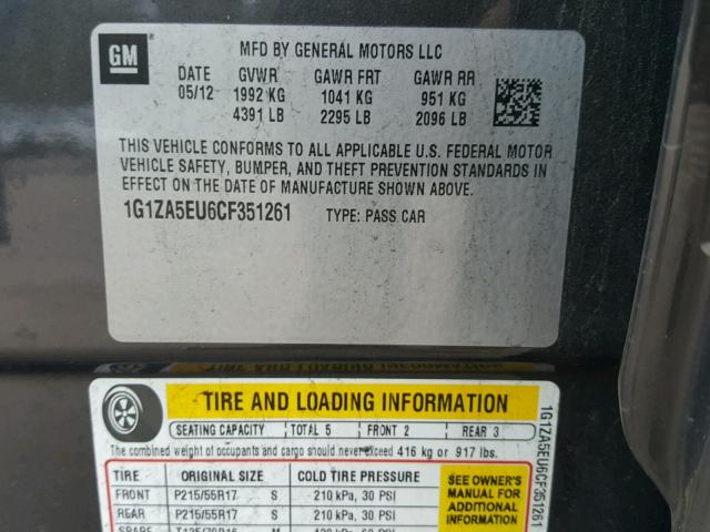 1G1ZA5EU6CF351261 - 2012 CHEVROLET MALIBU LS GRAY photo 10