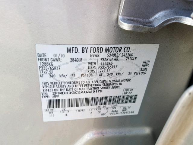 2FMDK3GC5ABA89170 - 2010 FORD EDGE SE SILVER photo 10