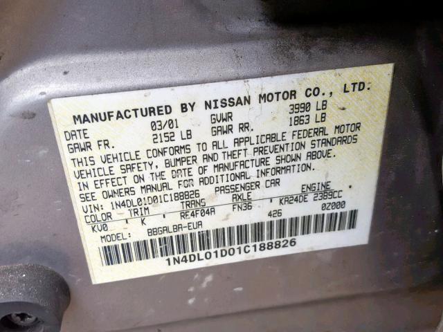 1N4DL01D01C188826 - 2001 NISSAN ALTIMA XE GOLD photo 10