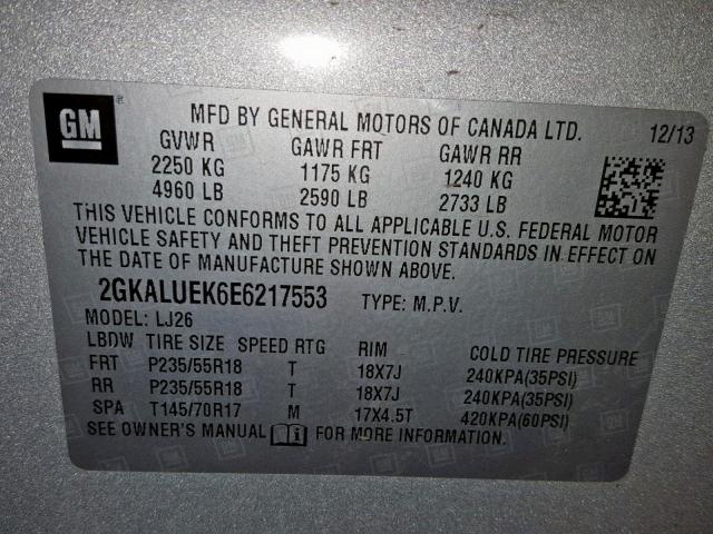 2GKALUEK6E6217553 - 2014 GMC TERRAIN DE SILVER photo 10