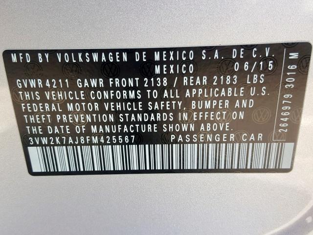 3VW2K7AJ8FM425567 - 2015 VOLKSWAGEN JETTA BASE SILVER photo 10