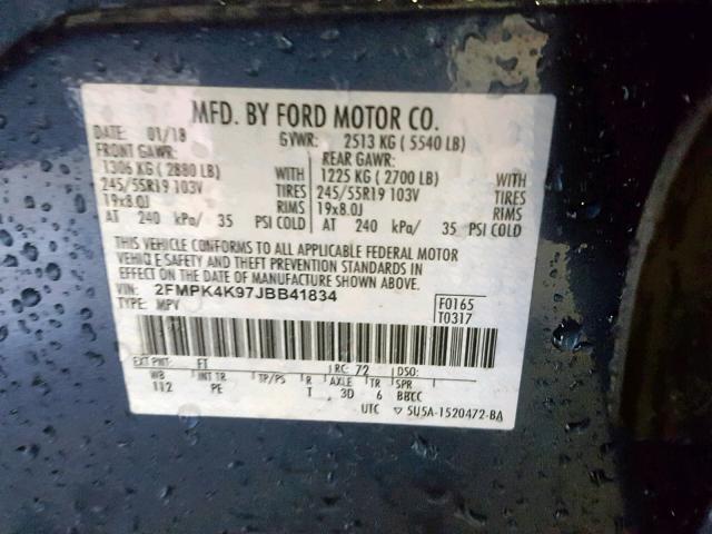 2FMPK4K97JBB41834 - 2018 FORD EDGE TITAN BLUE photo 10