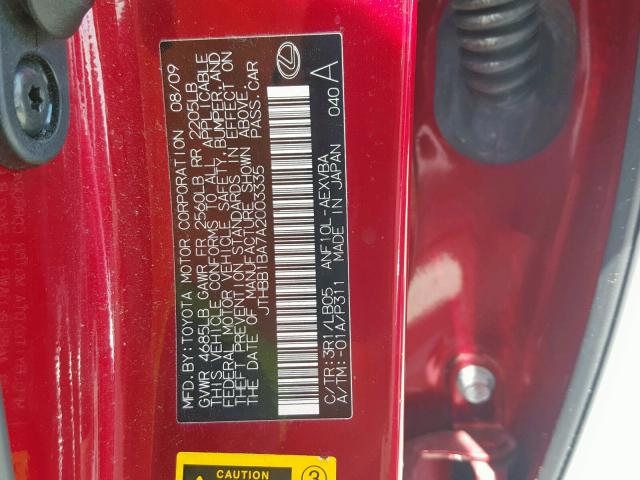 JTHBB1BA7A2003335 - 2010 LEXUS HS 250H RED photo 10