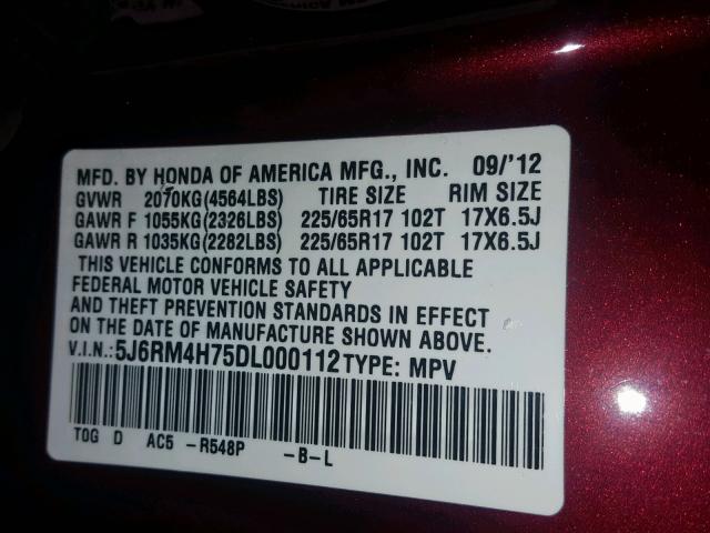 5J6RM4H75DL000112 - 2013 HONDA CR-V EXL BURGUNDY photo 10