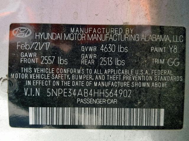 5NPE34AB4HH564902 - 2017 HYUNDAI SONATA SPO SILVER photo 10