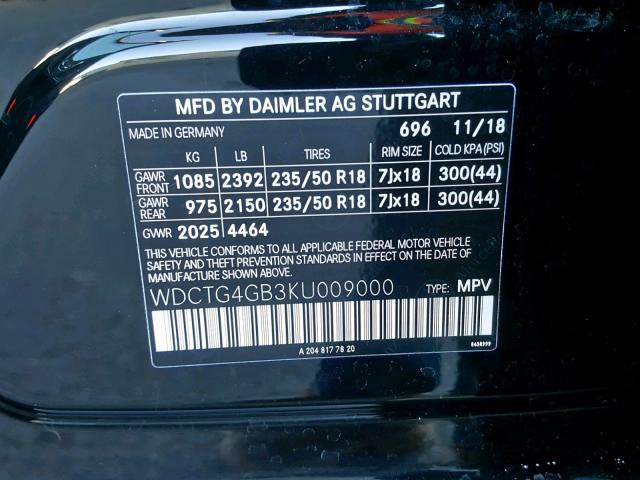 WDCTG4GB3KU009000 - 2019 MERCEDES-BENZ GLA 250 4M BLACK photo 10