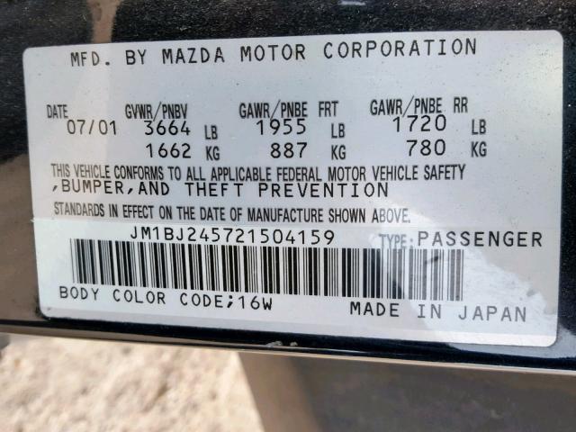 JM1BJ245721504159 - 2002 MAZDA PROTEGE PR BLACK photo 10