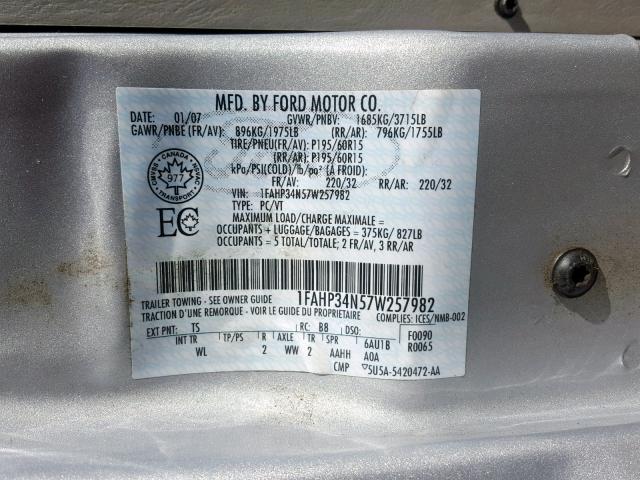 1FAHP34N57W257982 - 2007 FORD FOCUS ZX4 SILVER photo 10