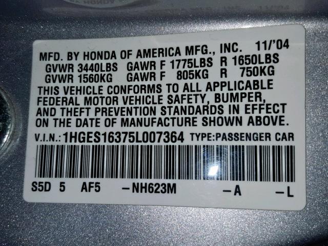 1HGES16375L007364 - 2005 HONDA CIVIC DX V SILVER photo 10