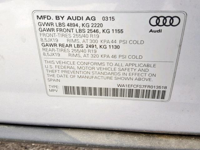 WA1EFCFS7FR013518 - 2015 AUDI Q3 PREMIUM SILVER photo 10