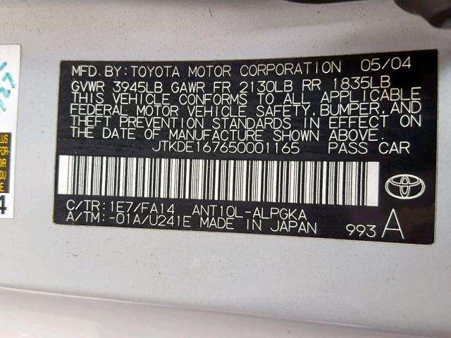 JTKDE167650001165 - 2005 TOYOTA SCION TC ვერცხლისფერი ფოტო 10