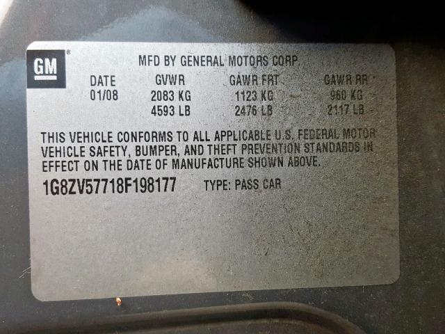 1G8ZV57718F198177 - 2008 SATURN AURA XR GRAY photo 10