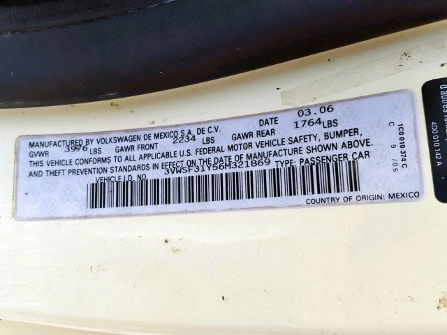 3VWSF31Y56M321869 - 2006 VOLKSWAGEN NEW BEETLE Gelb Foto 10