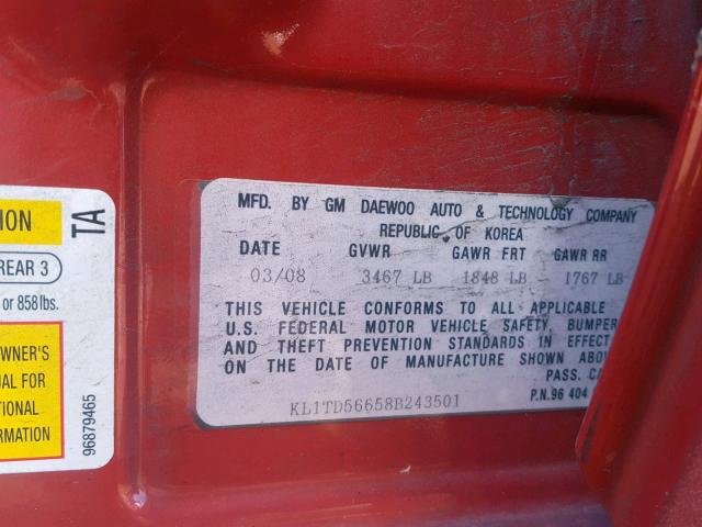 KL1TD56658B243501 - 2008 CHEVROLET AVEO BASE Қызыл фото 10