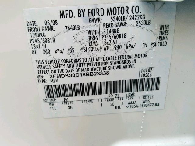 2FMDK38C18BB23338 - 2008 FORD EDGE SEL WHITE photo 10