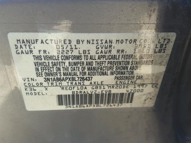 3N1AB6APXBL726437 - 2011 NISSAN SENTRA 2.0 GRAY photo 10