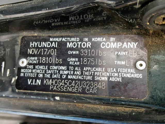 KMHCG45C42U323848 - 2002 HYUNDAI ACCENT GL BLACK photo 10