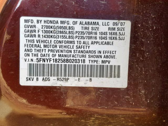 5FNYF18258B020318 - 2008 HONDA PILOT VP BURGUNDY photo 10