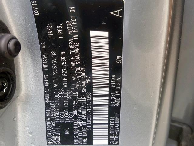 5TDJK3DC7FS101398 - 2015 TOYOTA SIENNA LE SILVER photo 10