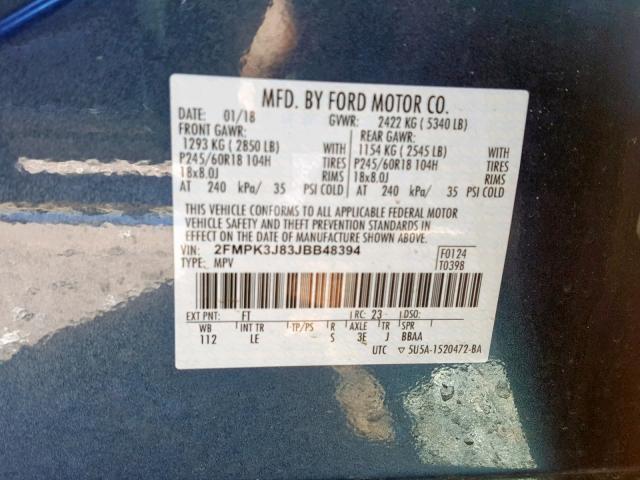 2FMPK3J83JBB48394 - 2018 FORD EDGE SEL BLUE photo 10