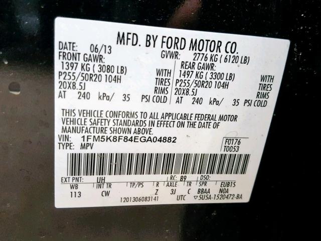 1FM5K8F84EGA04882 - 2014 FORD EXPLORER L BLACK photo 10