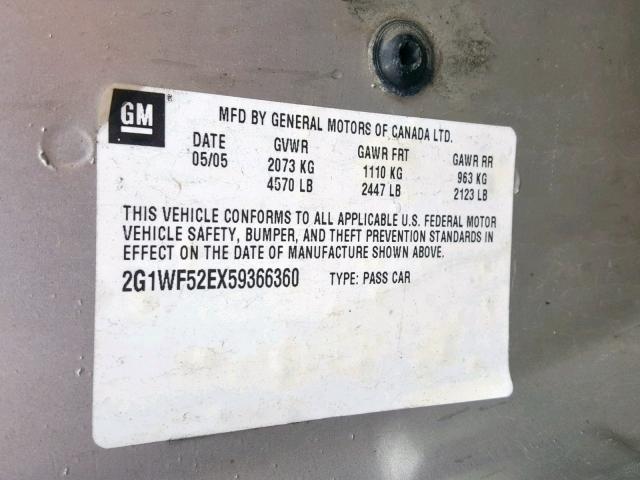 2G1WF52EX59366360 - 2005 CHEVROLET IMPALA SILVER photo 10