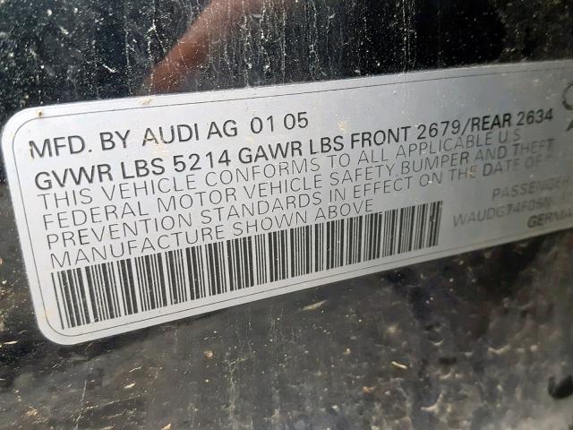 WAUDG74F05N092352 - 2005 AUDI A6 3.2 QUA BLACK photo 10