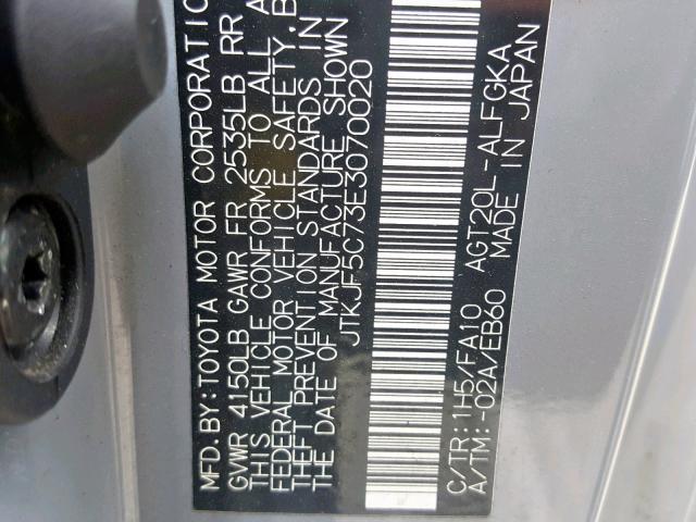 JTKJF5C73E3070020 - 2014 TOYOTA SCION TC 灰色 照片 10