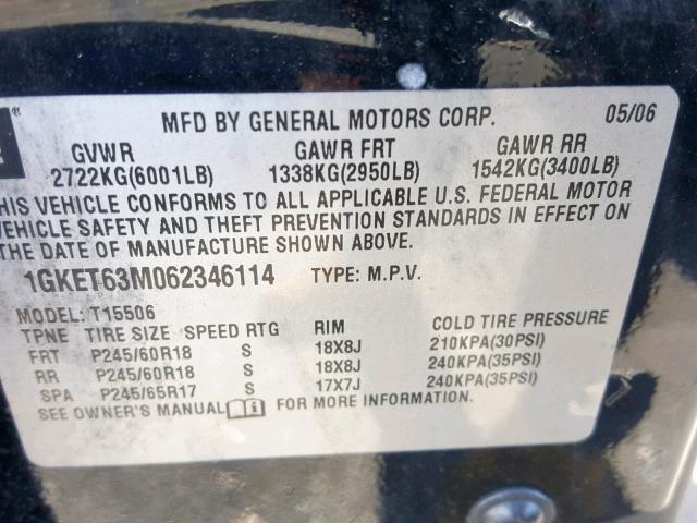 1GKET63M062346114 - 2006 GMC ENVOY DENA BLUE photo 10