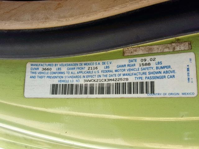 3VWCK21CX3M422528 - 2003 VOLKSWAGEN NEW BEETLE Grün Foto 10