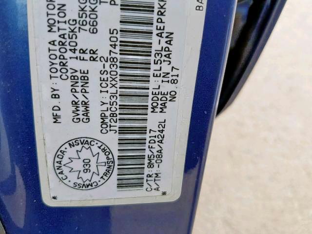 JT2BC53LXX0387405 - 1999 TOYOTA TERCEL CE BLUE photo 9