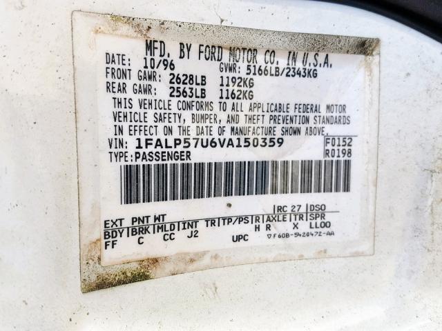 1FALP57U6VA150359 - 1997 FORD TAURUS GL WHITE photo 10