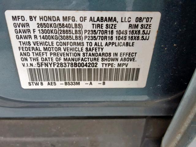 5FNYF28378B004202 - 2008 HONDA PILOT SE BLUE photo 10