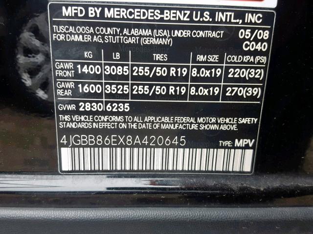 4JGBB86EX8A420645 - 2008 MERCEDES-BENZ ML 350 BLACK photo 10