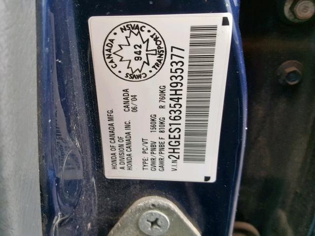 2HGES16354H935377 - 2004 HONDA CIVIC DX V BLUE photo 10