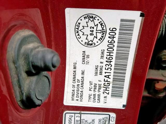 2HGFA15346H006406 - 2006 HONDA CIVIC DX RED photo 9