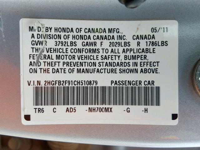 2HGFB2F91CH510879 - 2012 HONDA CIVIC EXL SILVER photo 10