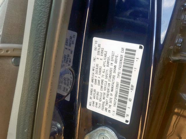 1HGCP2F8XAA133587 - 2010 HONDA ACCORD EXL BLUE photo 10