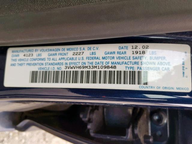 3VWVH69M33M109848 - 2003 VOLKSWAGEN JETTA GLI BLUE photo 10