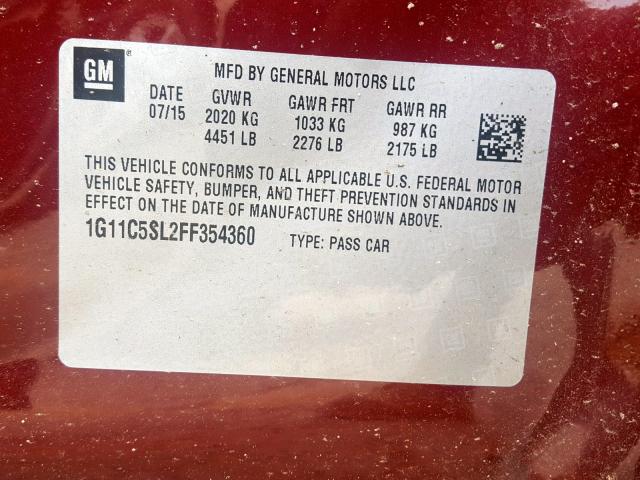 1G11C5SL2FF354360 - 2015 CHEVROLET MALIBU 1LT RED photo 10