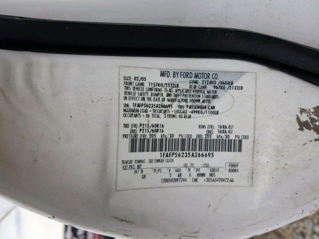 1FAFP56235A266695 - 2005 FORD TAURUS SEL WHITE photo 10