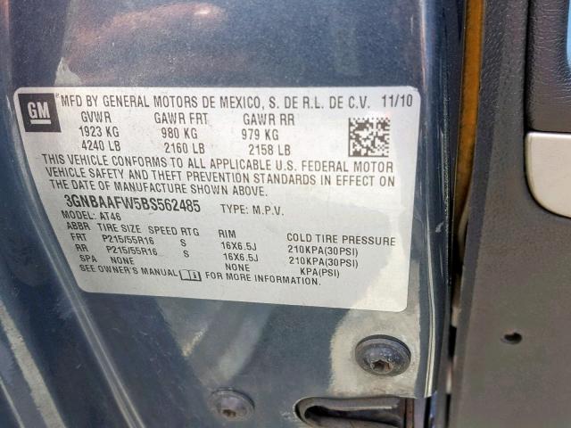 3GNBAAFW5BS562485 - 2011 CHEVROLET HHR LS Մոխրագույն լուսանկար 10