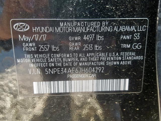 5NPE34AF6JH604292 - 2018 HYUNDAI SONATA SPO BLACK photo 10